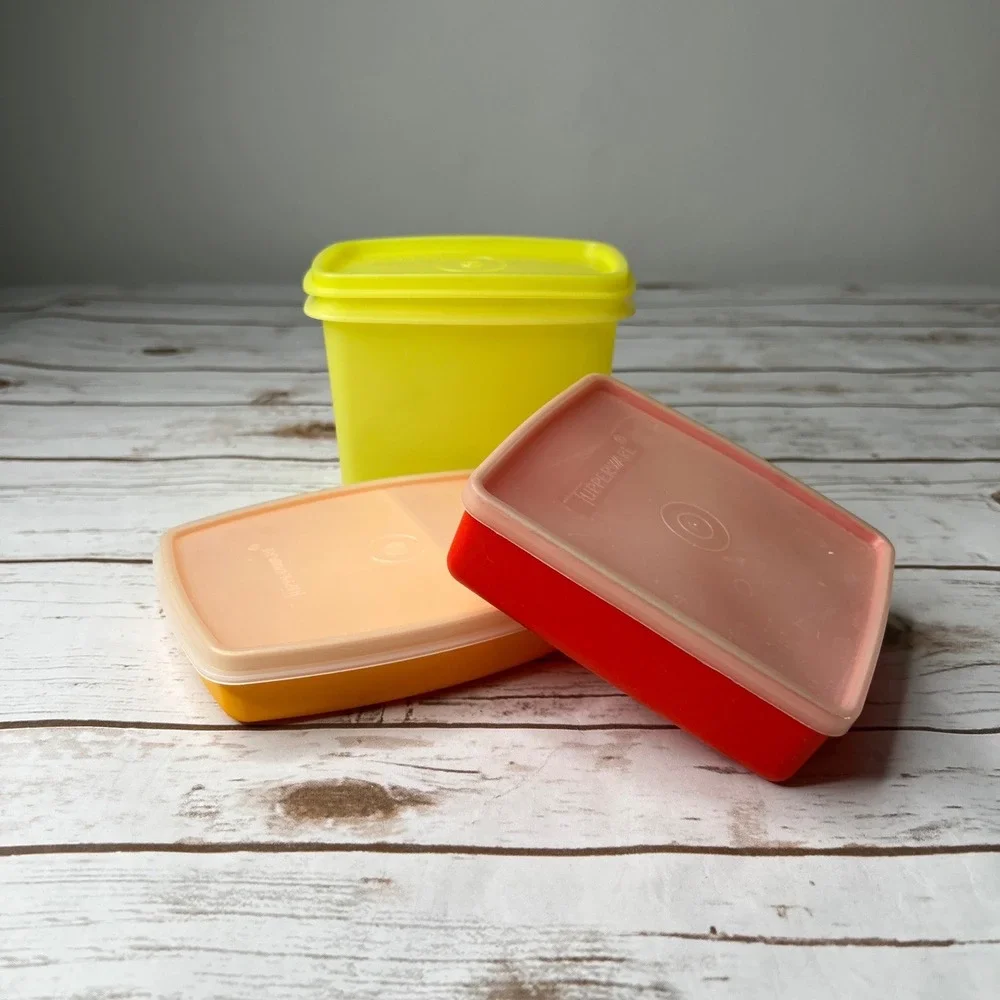 Tupperware Food Storage Container Set Red Yellow Orange Vintage 3pc Mixed Size
